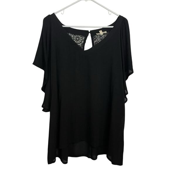 Loralette Tunic Top Blouse Womens 1X Gray V Neck Lace Back Flutter Sleeve Flowy - Picture 1 of 7